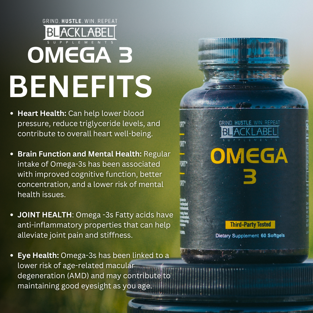 Blacklabel Supplements Omega 3 bottle displayed next to text highlighting omega-3 benefits for heart, brain, joint, and eye health.