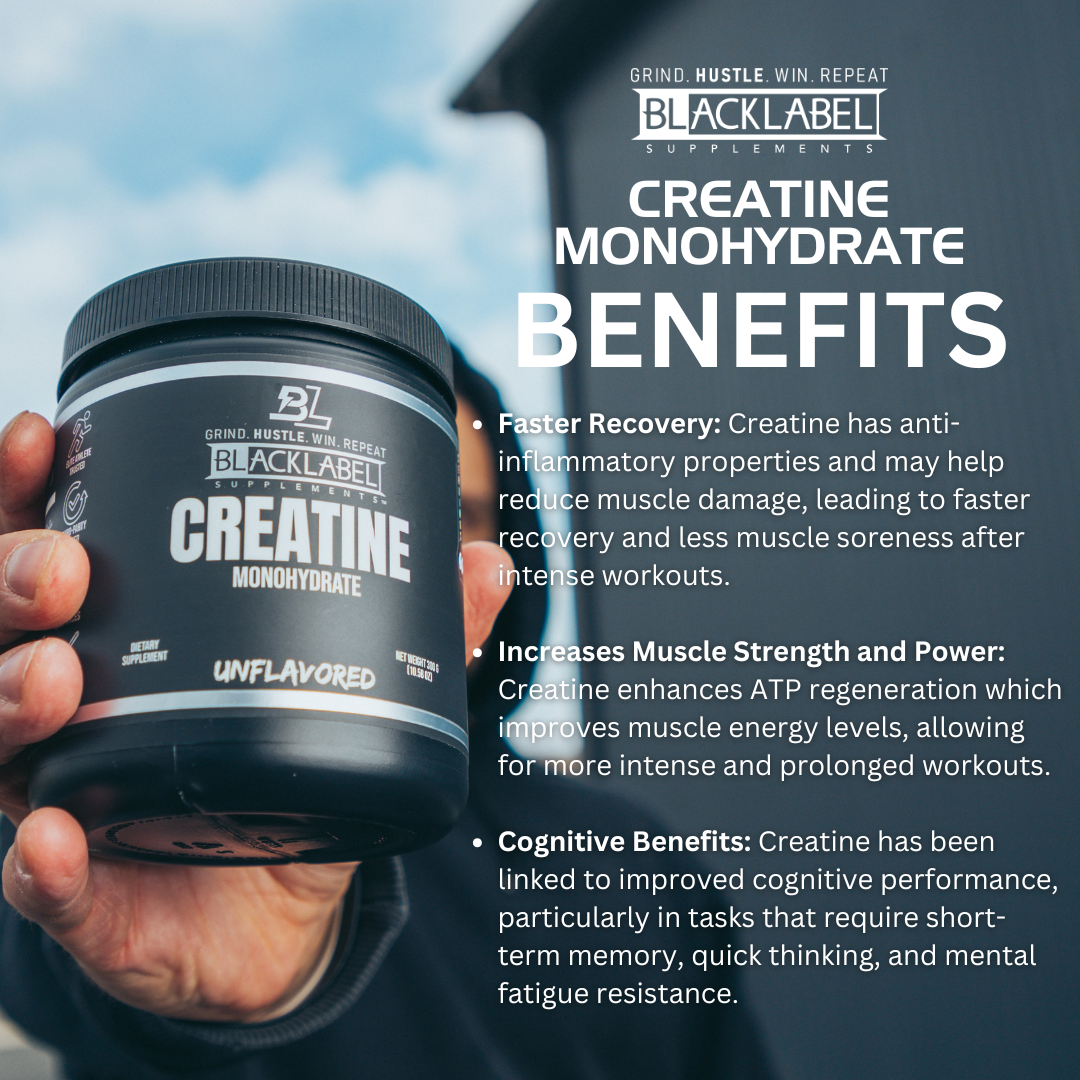 BlackLabel Creatine Monohydrate supplement container on a white background, and a creatine benefits graphic