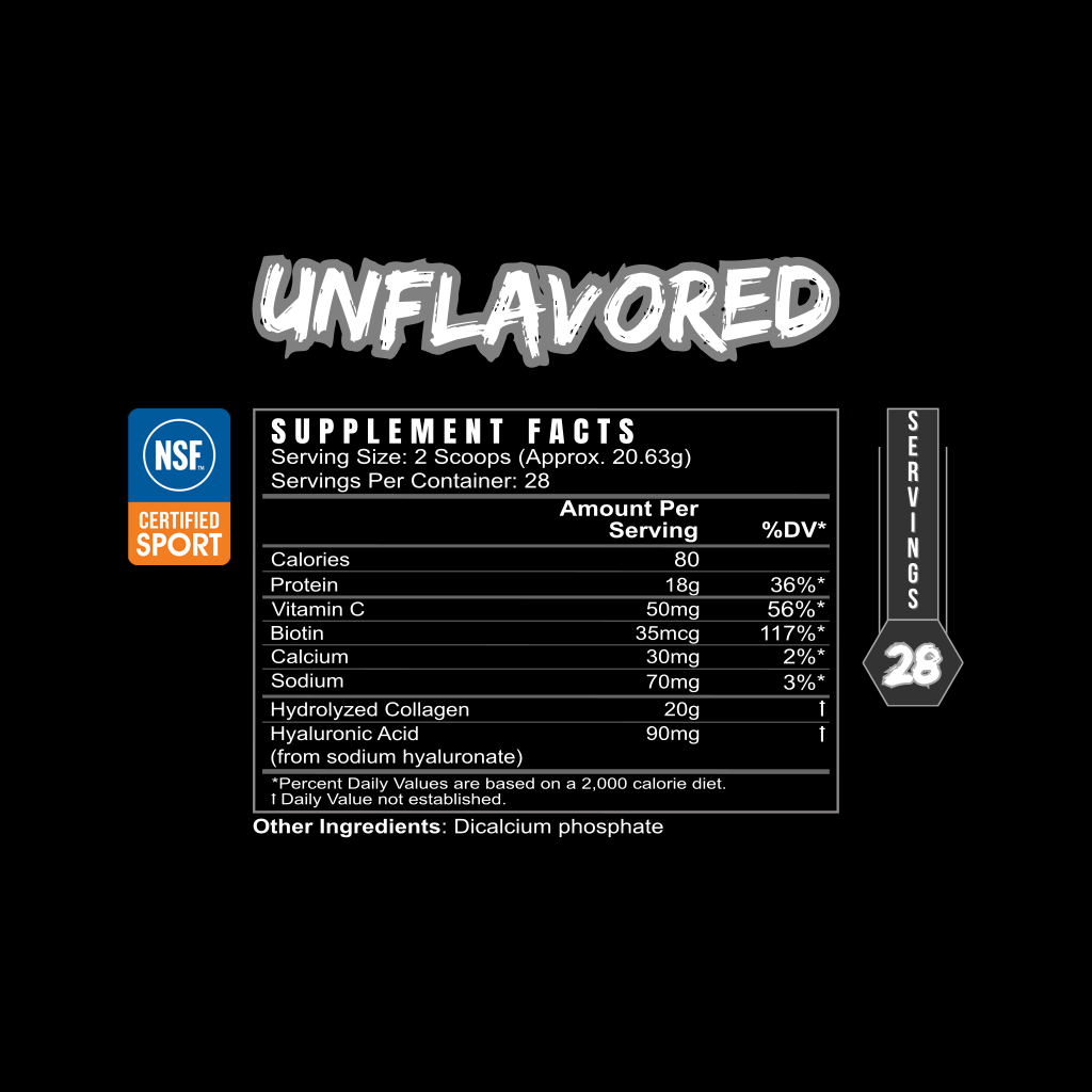 Supplement facts label for an unflavored product on a black background