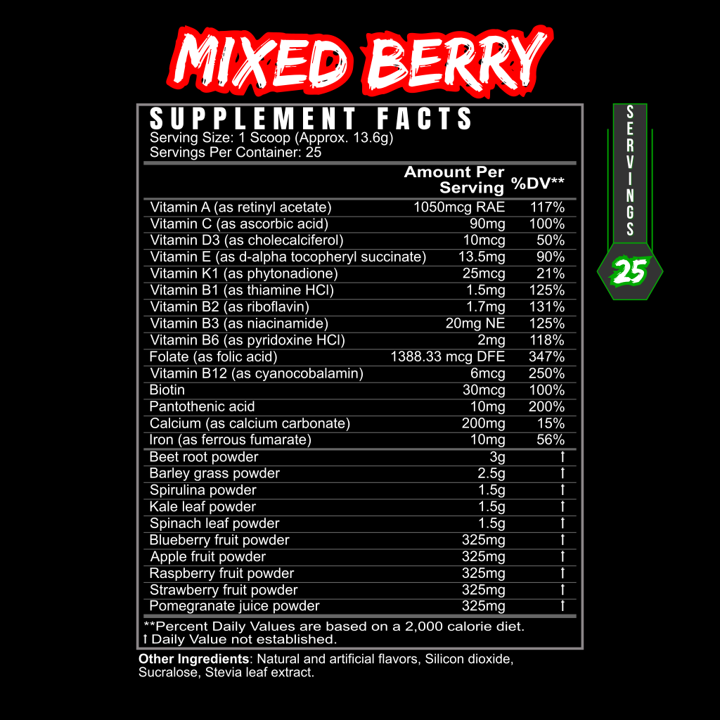 Supplement facts label for a mixed berry product on a black background
