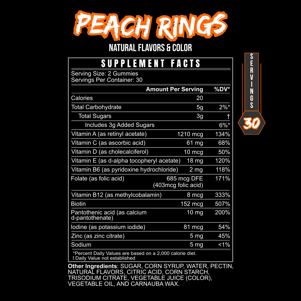 Supplement facts label for Peach Rings gummies on a black background
