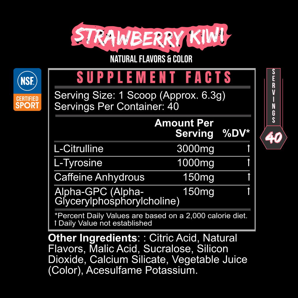 Supplement facts label for Blacklabel pre-workout in Strawberry Kiwi flavor, showing ingredients, serving size, and nutrition information.