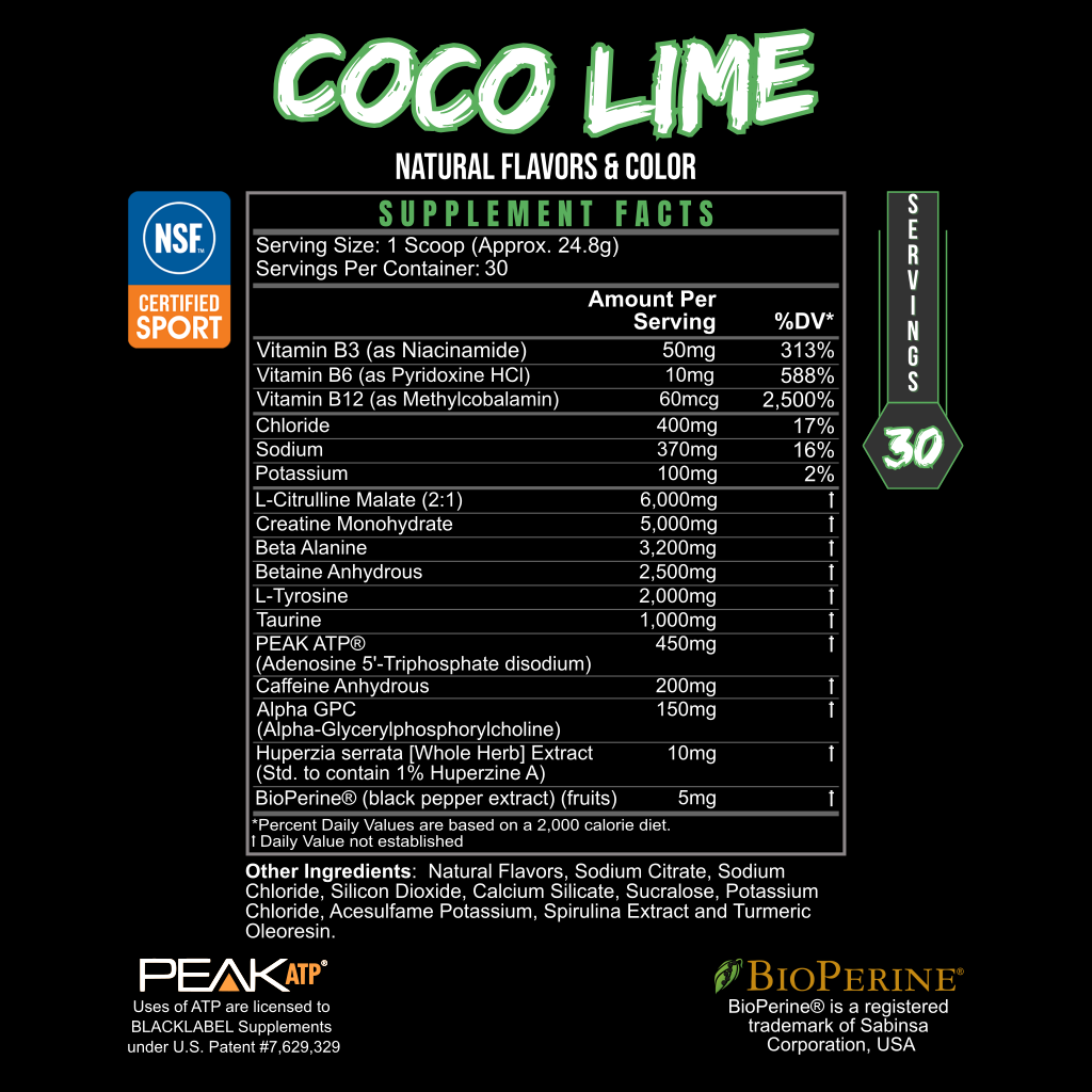 Supplement facts label for Blacklabel pre-workout in Coco Lime flavor, showing ingredients, serving size, and nutrition information.