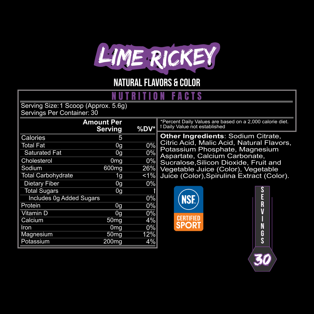 BlackLabel Pure Hydrate electrolyte fuel Nutrition facts label with Lime Rickey on a black background