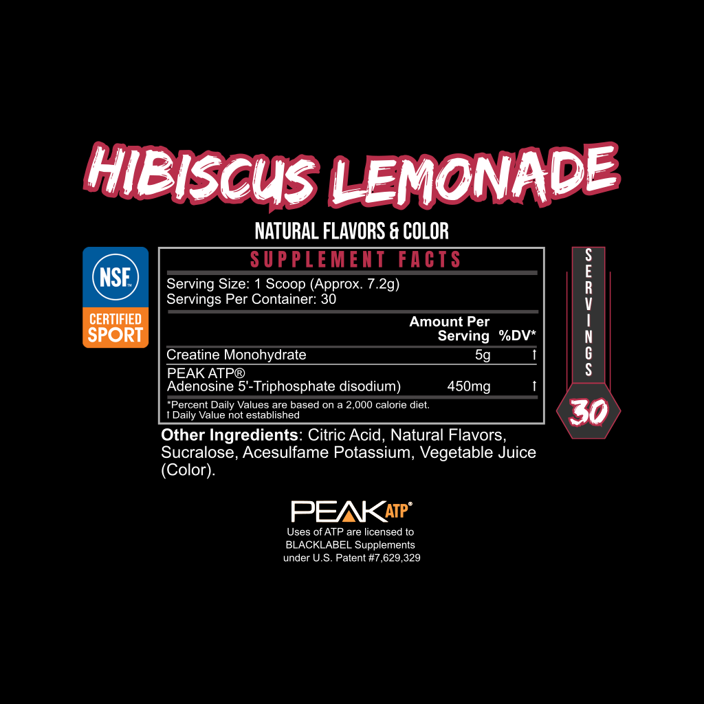 Supplement label for Hibiscus Lemonade with NSF and Certified Sport logos on a black background