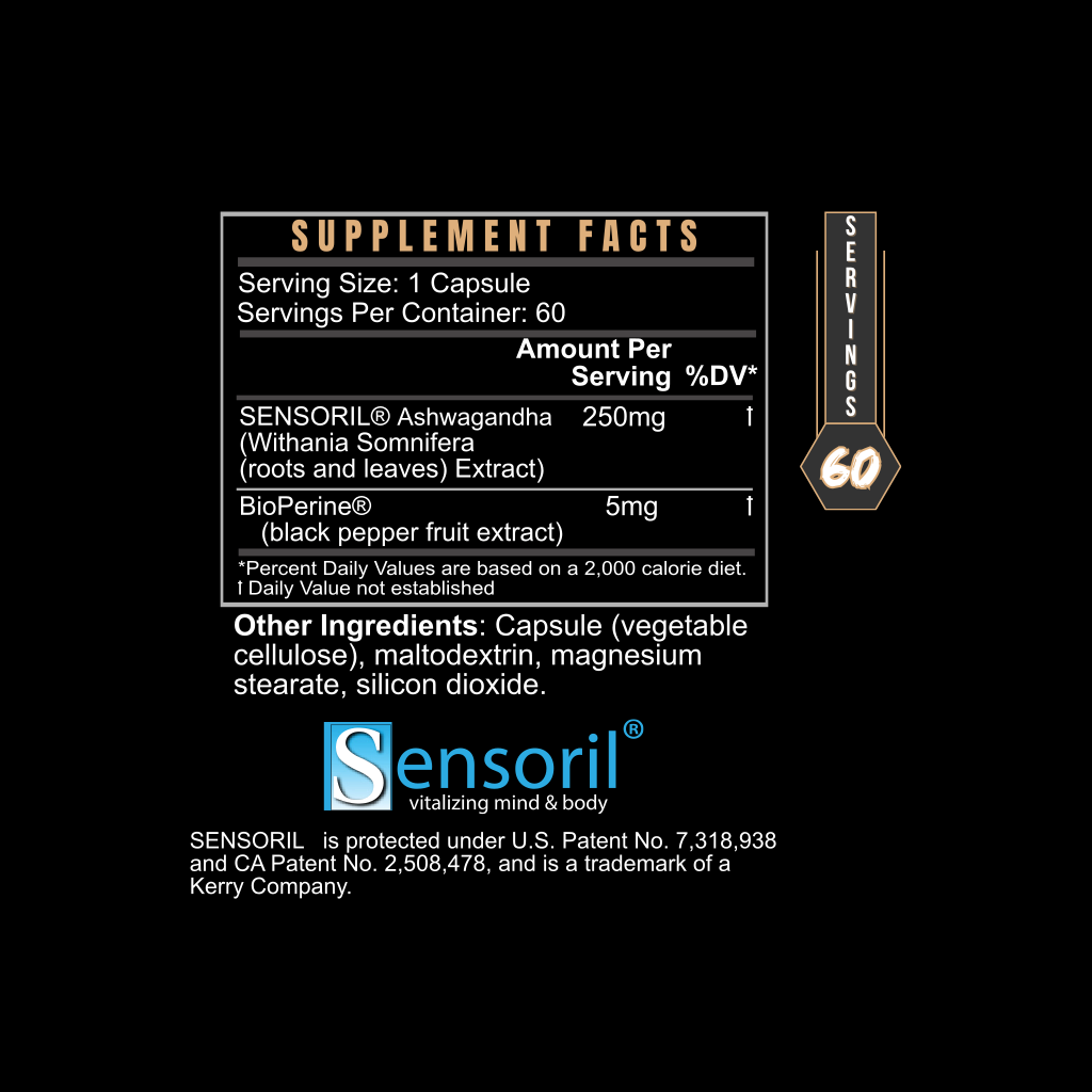 Supplement facts label with detailed ingredient information on a black background.