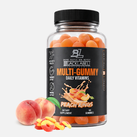 Multivitamin gummy supplement bottle with peach flavor on a white background