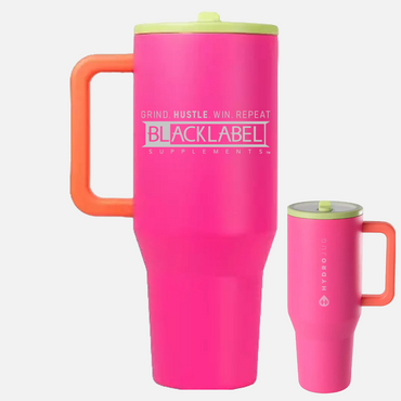 Pink travel mug with orange handle and 'Black Label Supplements' branding on a white background
