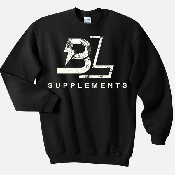 Black sweatshirt with 'BL Supplements' logo on a white background