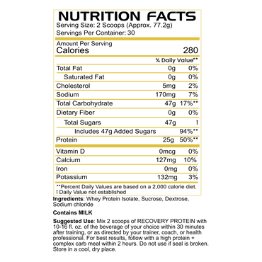 Nutrition label of A plastic jar of Black Label Supplements Recovery Protein with carbohydrates, indicating 30 servings.