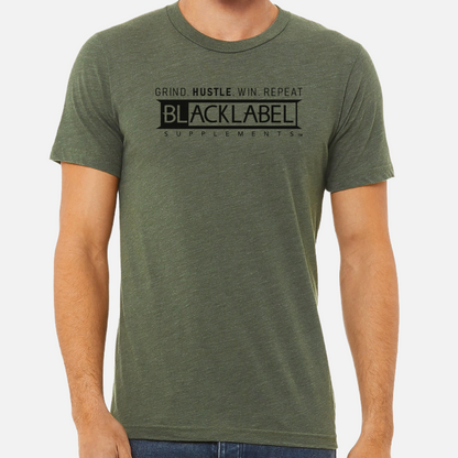 Person wearing a green t-shirt with 'Black Label Supplements' logo on a white background