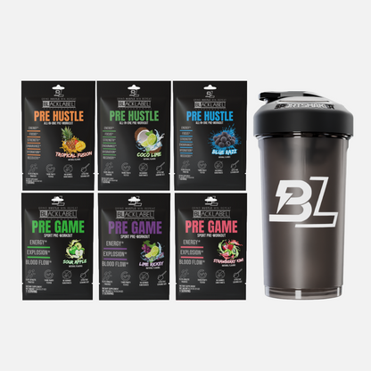 Black label pre-workout supplement packages and shaker bottle on a white background