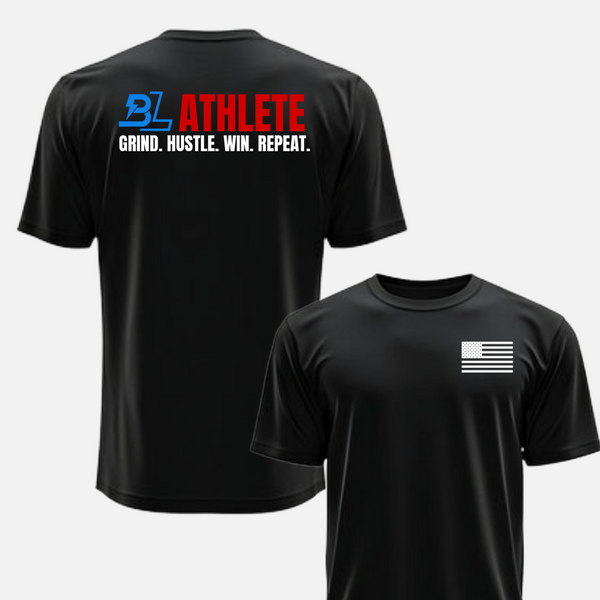 Black t-shirt showing front and back. Back reads “BL ATHLETE” and “Grind. Hustle. Win. Repeat.” Front features a small American flag on the chest.
