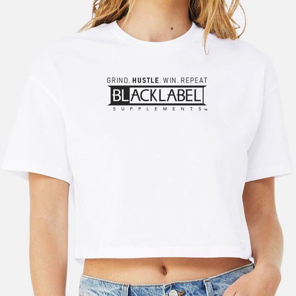 White t-shirt with Blacklabel Supplements logo and text on a white background